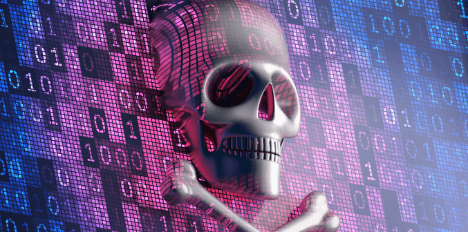 skull face superimposed on binary code